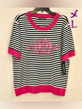 Karl Lagerfeld Black & White Striped Top with Pink Trim